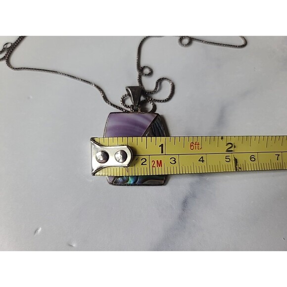 925 Sterling Abalone Shell And Purple Stone Rectangular Pendant Necklace Vintage - Picture 9 of 10